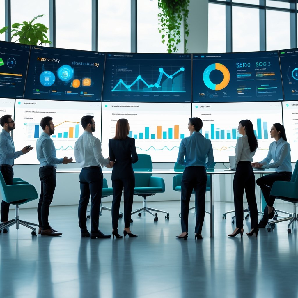 A diverse group of professionals working together in a modern office with multiple screens showing data and charts, surrounded by advanced technology and natural light.