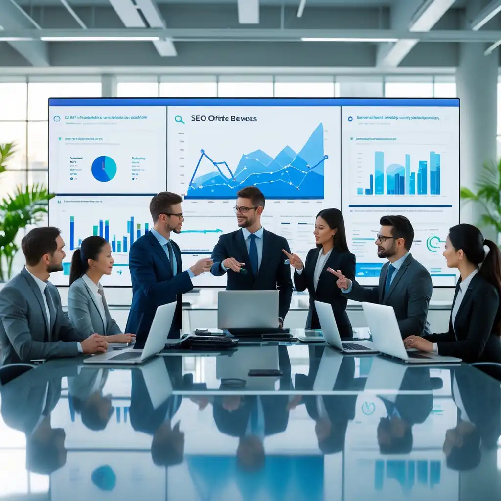 A group of professionals collaborating around a table with digital devices and futuristic data screens in a bright office.