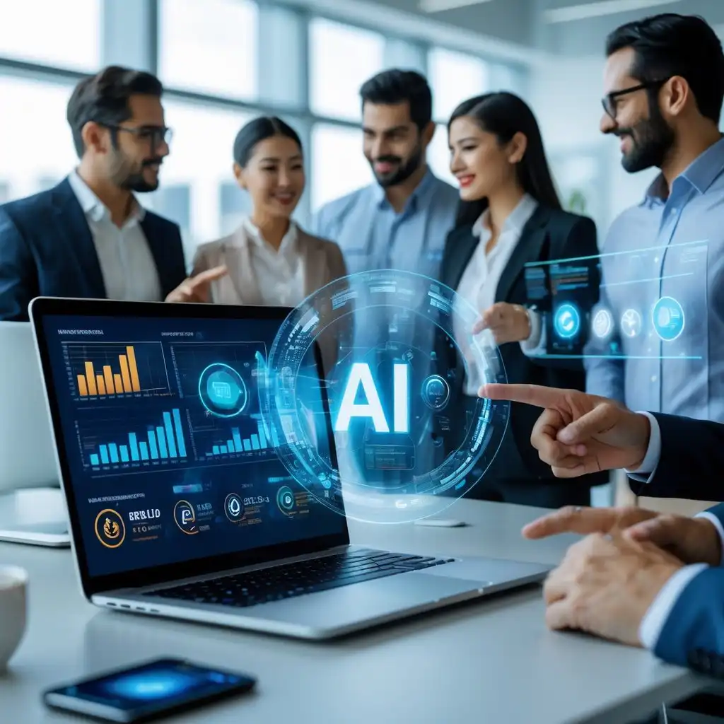 A group of professionals collaborating around a laptop displaying digital charts and holographic data in a modern office.